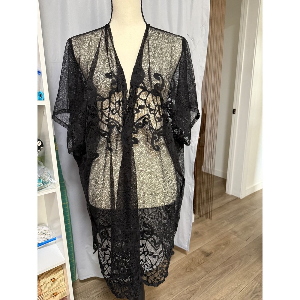 Giti Black Lace Sheer Open Front Kimono Wrap Cover Up One Size